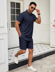 Classic Men's Summer Two-Piece Fleece Floral Outfit Zip Polo <b>Collar</b> <b>T</b>-<b>Shirt</b> Elastic Waist Short Pant Casual Sportswear Jogging - Product Image 2