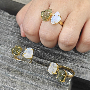 Raw Look Moonstone and Moldavite Double Stone Brass <b>Ring</b> 18k Gold Plated Prong Set <b>Adjustable</b> <b>Size</b> Daily Wear Unisex Jewelry - Product Image 5