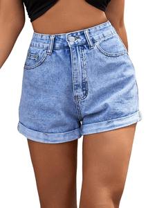 Shorts en jean délavé taille haute à ourlet retroussé pour femme – Idéal pour l'été - Product Image 1