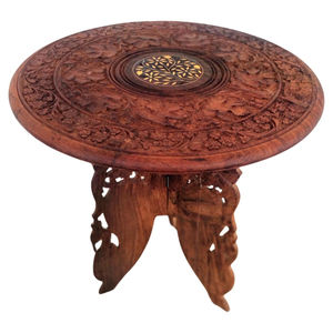 Mesa Auxiliar Tallada a Mano en Madera de Sheesham con Incrustaciones de Latón, Mesa de Centro Redonda Estilo Marroquí, Muebles Vintage para Sala de Estar - Product Image 5