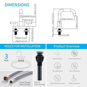 Rubinetti per lavabo a 2 maniglie con finitura nichel spazzolato, interasse da 4 pollici, per lavelli a 3 fori, con scarico a scomparsa e tubi di alimentazione acqua - Product Image 5