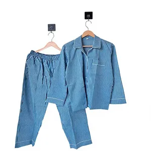 Conjunto de Pijama a Rayas para Mujer, 100% Algodón, Manga Larga, Cuello Camisero, Pantalón Largo, Ropa de Dormir Clásica y Suave - Product Image 1