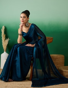 KV Indian Women Teal Stripes Saree - Product Image 3