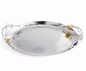 Plateau de service ovale élégant en métal avec poignée décorée de grenades dorées, fait main, poli, style glamour, pour la décoration de table de fête - Product Image 4