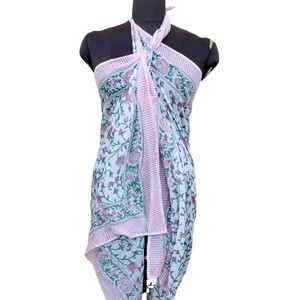 Floral Hand Block Printed Cotton Sarong Scarf Geometric Border Reversible Front Lightweight <b>Beach</b> <b>Wrap</b> Stole - Product Image 1