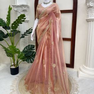 Sari en soie Salsa de qualité supérieure avec broderies de perles et de perles de verre lourdes, et chemisier brodé non cousu, prix de gros par Royal Export - Product Image 3