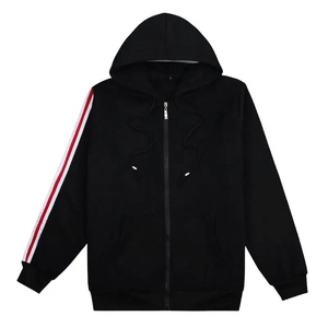 Black French Terry Custom Logo Print Zip up Hoodie Plus Size <b>Men</b> <b>Tracksuit</b> Jacket Sleeve Stripe Front Pocket Casual Wear - Product Image 1