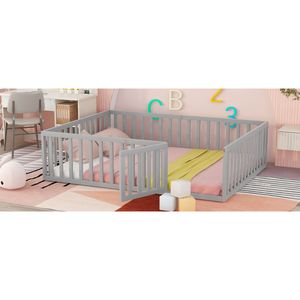 Letto a pavimento Queen Size in legno grigio con recinzione e porta per bambini - Vecchio SKU WF289663AAE - Product Image 3