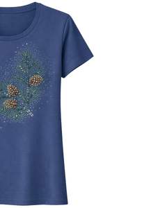 Camiseta de Algodón Azul Acero para Mujer con Estampado Floral de Pedrería, Manga Corta Casual, Top de Verano, Fabricante Personalizado, Suministro de Fábrica OEM - Product Image 4