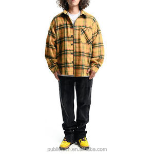 Custom Yellow Plaid Mens <b>Flannel</b> <b>Jacket</b> Oversized Cotton Winter Shirt <b>Jacket</b> with Big Patch Pockets Sherpa Hooded Casual - Product Image 4