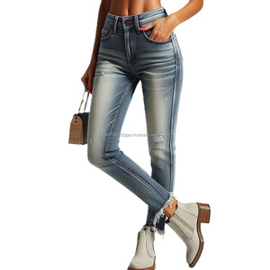 Pantalones vaqueros elásticos de cintura alta con bolsillos sólidos con estilo para mujer, pantalones vaqueros cómodos mixtos de algodón y LICRA ajustados de estilo informal - Product Image 6