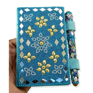 Handmade Beaded Glitter Blue Diary Notebook With Pen Floral <b>Mirror</b> Cover Personal Writing Gift Use - Product Image 1