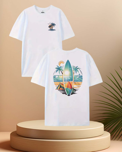 Men's White T-Shirt Short Sleeve O-Neck Digital Print Surf Beach Pattern Regular Fit Casual Style 100% Cotton Jersey Fabric - Product Image 1