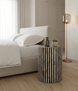 Black White Bone Inlay <b>Stool</b> Resin Wood Side Table Modern <b>Bedside</b> Ottoman <b>for</b> Living Room Bedroom - Product Image 2