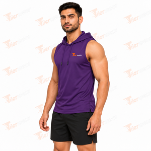 Camiseta sin mangas con capucha para hombre, color morado, de secado rápido, poliéster, deportiva, con logotipo bordado en la parte delantera. - Product Image 2