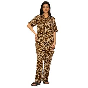 <b>Women</b> Brown <b>Black</b> Leopard Print Satin Pajama Set Long Sleeve Button Up Shirt Matching <b>Pants</b> Stylish Sleepwear Lounge Wear OEM - Product Image 1