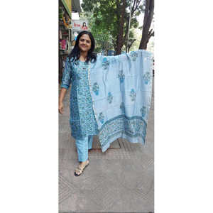 ชุดผ้าฝ้าย Chanderi พิมพ์ลายบล็อกสีเทาสีน้ำเงินพร้อม dupatta - Product Image 1