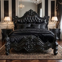 Meubles de chambre à coucher rococo peints en noir, capitonnés en cuir, avec tête de lit capitonnée, pour maison et hôtel de style français