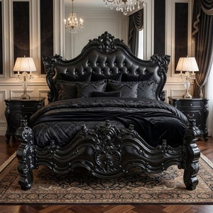 Meubles de chambre à coucher rococo peints en noir, capitonnés en cuir, avec tête de lit capitonnée, pour maison et hôtel de style français - Product Image 1
