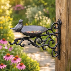 Mangeoire à oiseaux vintage en fonte, décor de jardin en fer forgé, bain d'oiseaux suspendu avec pot à graines, en fer, pour usage décoratif - Product Image 1