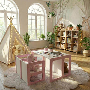 Ensemble table et chaises d'extérieur en bois, pliable, durable, moderne, de forme carrée, avec des caractéristiques de sécurité et écologiques, idéal pour la salle de séjour des enfants - Product Image 4