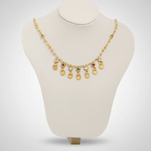 Traditional Gold Coin Necklace with Pearl Chain Red Green Stone Accents Indian Temple Jewelry for Women Festive Bridal Wear - Product Image 1