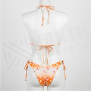 Ensemble bikini 2 pièces imprimé coquille d'orange, haut dos nu et bas à nouer sur les côtés avec décoration de perles, maillot de bain femme - Product Image 2