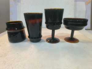 Vintage Handmade <b>Glass</b> Cocktail Set 4-Piece Dark Brown <b>Tumbler</b> Highball Stemmed <b>Glass</b> Party Drinkware - Product Image 6