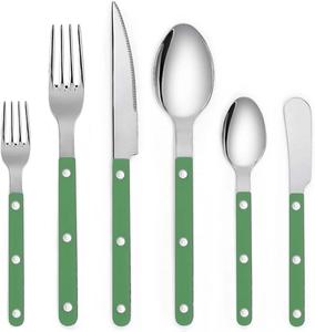 Ensemble de couverts en acier inoxydable 6 pièces, vert sauge, manche riveté, couteau, fourchette, cuillère, spatule - Product Image 1