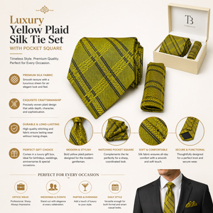 Luxury Yellow Plaid Silk <b>Tie</b> <b>Set</b> for Men with Pocket Square | Premium Gift Box Wedding Business Necktie | India 2026 Export Wear - Product Image 1