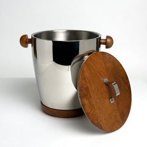 Seau à glace moderne en acier inoxydable poli avec couvercle en bois de qualité supérieure, bordure de base assortie et poignées latérales à bouton pour les fêtes - Product Image 4