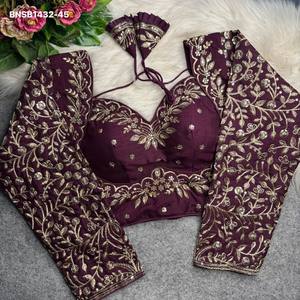 Colección de blusas de seda Vichitra pesada con bordado Zari en toda la prenda y mangas largas acolchadas con cierre trasero, proveedor de la India. - Product Image 3