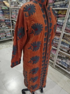 <b>Women</b> Long Velour <b>Robe</b> Full Length Mandarin Collar Hand Embroidered Floral Pattern Zipper Closure Winter Cozy Soft Outerwear - Product Image 2