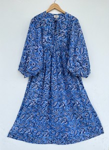 Women Blue Floral Cotton Maxi Long Sleeve <b>Dress</b> Hand Block Print Summer Wear Casual Modest Prairie <b>Dress</b> Boutique Clothing - Product Image 1
