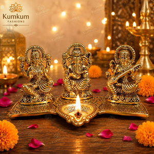 Lámpara de Metal Dorada con Figuras de Ganesha, Lakshmi y Saraswati, Artesanía Antigua, Ídolo Hindú, Regalo Festivo, Decoración para el Hogar, Boda, Diwali - Product Image 1