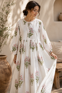 Bohemian Hand Block Printed Cotton Maxi <b>Dress</b> Women <b>Long</b> Puff Sleeve Tie Neck Floral Casual Summer <b>Beach</b> <b>Dresses</b> Wholesale - Product Image 5