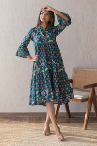 Vestido Midi Boho con Estampado Floral, Cuello en V, Mangas Farol, Corte Holgado en A, Cintura Imperio, Tejido Transpirable, Vestido Casual de Verano - Product Image 4