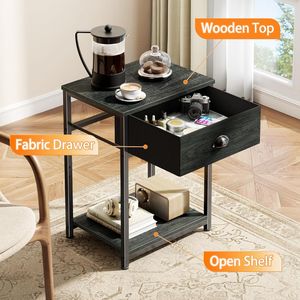 Ensemble de 2 tables de chevet industrielles avec tiroir en tissu et étagère de rangement, meubles de chambre en bois de pin massif - Product Image 4