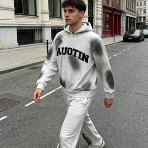 Ensemble de survêtement à capuche pour homme, manches longues, en coton, décontracté, gris, imprimé tie-dye, lettres, pour l'automne - Product Image 4