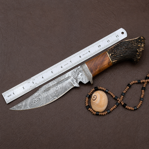 Couteau de chasse Bowie en acier Damas fait main, manche en corne, modèle Viking Art VHK-01, qualité industrielle, 14 pouces, personnalisé, pour l'extérieur - Product Image 1