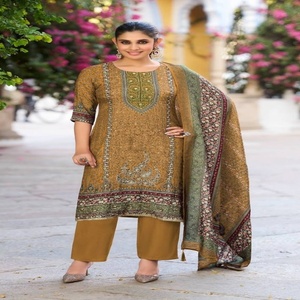 Nouvelle collection de salwar-kameez semi-cousus en mousseline de viscose avec impression numérique, broderie Aari et travail manuel, et dupatta. Fournisseur mondial. - Product Image 1