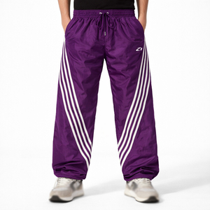 White Stripe Canvas Track Pants Men Lightweight Breathable Eco-Friendly Quick Dry Loose Fit <b>Drawstring</b> Closure Casual <b>Trousers</b> - Product Image 1