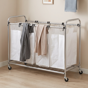 Chrome Plated Metal Laundry Sorter <b>Cart</b> with 4 Cloth Bags Portable Clothing Organizer for Bathroom Minimalist Design - Product Image 1