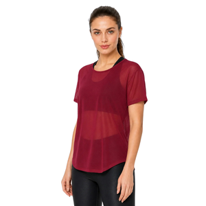 Overlap Back Yoga Shirt for Women <b>Sheer</b> Mesh Short Sleeve Round Neck Relaxed Fitness Top Curved Hem Studio Exercise Layering Tee - Product Image 5