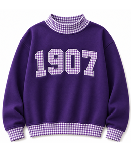 Sweat-shirt à col roulé violet pour femme 1907, patchwork à carreaux, imprimé lettres, en polaire, style streetwear décontracté, pour l'automne - Product Image 1