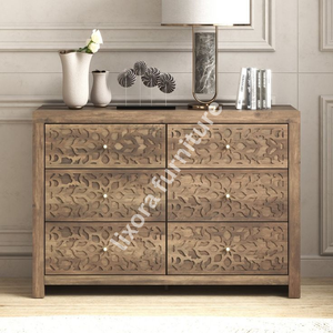 Luxury Handcrafted Solid Wood 6 Drawer Dresser Ornate Lattice Floral Carving Natural Walnut Finish - Product Image 5