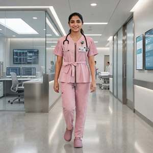 Conjunto de Uniforme Médico Personalizado para Mujer, de Algodón Tejido, Cuello en V, Cierre de Cremallera, Mangas Plegadas, Cinturón, Ropa de Trabajo para Enfermería, OEM - Product Image 4