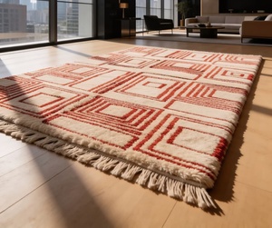 Alfombra Beni Ourain de Lana Bereber Marroquí Anudada a Mano |   Diseño de Diamantes con Pelusa de Color Marfil |   Alfombra Boho de Tamaño Personalizado - Product Image 1