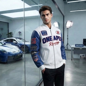 เสื้อแจ็คเก็ตแข่งรถสีขาวน้ำเงินสำหรับผู้ชาย แจ็คเก็ตบอมเบอร์ลายตัวอักษรสำหรับมอเตอร์สปอร์ต เสื้อผ้าสตรีทแวร์ปักลาย ขายส่ง - Product Image 6