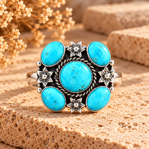 Blue Turquoise 5 Stone <b>Ring</b> Gemstone <b>Statement</b> <b>Ring</b> Western Boho Handmade Jewelry Design for Women - Product Image 4